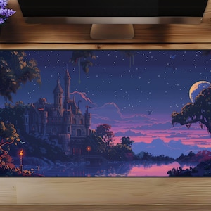 Pixel Art Castle Landscape Desk Mat - Large Lofi Night Mousepad, Retro Game Kawaii Mouse Mat, Extended Gaming Desk Pad, Gift For Gamers