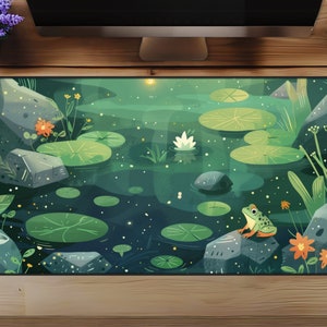 Cute Frog Pond Cartoon Mousepad - Large Lofi Anime Desk Mat, Green Kawaii Mouse Mat, Extended Gaming Desk Pad, Gift For Gamers, Desk Decor