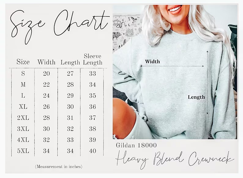 Pu&ograve; includere: Tabella delle taglie per una felpa Gildan 18000 Heavy Blend Crewneck. La tabella mostra le misure in pollici per larghezza, lunghezza e lunghezza della manica per le taglie S a 5XL.