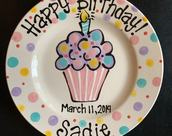 Hand Painted Birthday Plate -Pretty Pastel Cupcake