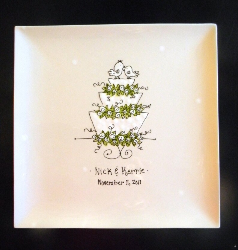 Hand Painted 10 Square Ceramic Wedding Plate with Love Birds image 2