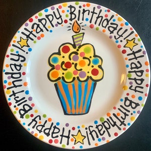 Hand Painted Birthday Plate - Bright Colorful Cupcake