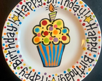 Hand Painted Birthday Plate - Bright Colorful Cupcake