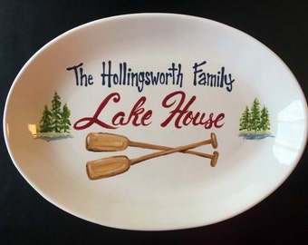 EXTRA Large Personalized Lake House Family Platter - Handpainted 16 Inch Oval Family Platter - Personalized - Great Gift