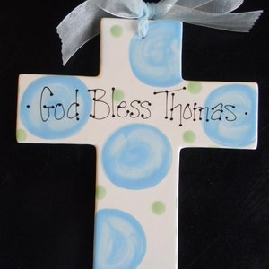 Extra Large 10&quot; Children&#39;s Personalized Ceramic Cross Plaque  - Birth, Baptism or Christening Gift