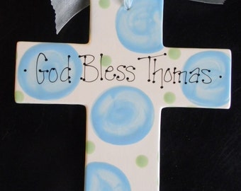 Extra Large 10" Children's Personalized Ceramic Cross Plaque  - Birth, Baptism or Christening Gift