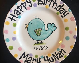 Hand Painted Personalized Birthday or Special Day Plate - Little Blue Birdie