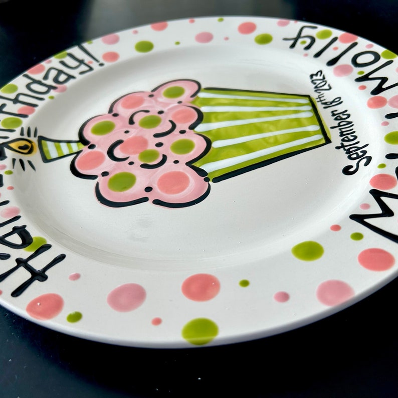 Personalized Birthday Plate Hand Painted Birthday Plate Pink and Green Colorful Cupcake image 3