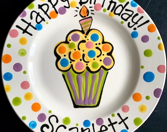 Hand Painted Birthday Plate - Colorful Cupcake