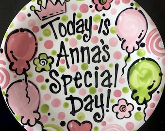 Birthday Plate - Pink and Green Personalized 10 Inch Ceramic Special Day Plate