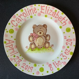 Customized hand painted baby plate  Adorable Baby Teddy Bear  - great gift for a Baptism, Christening, Birth or Dedication
