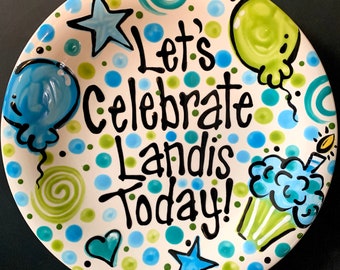 Birthday Plate - Blue abd Green  Personalized 8 Inch Ceramic Special Day Plate