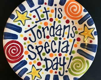 Brightly Colored Personalized Ceramic Special Day Plate or Birthday Plate