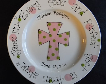 Personalized Baptism Plate - Hand Painted Baby Plate with Cross - Great Baptism Gift