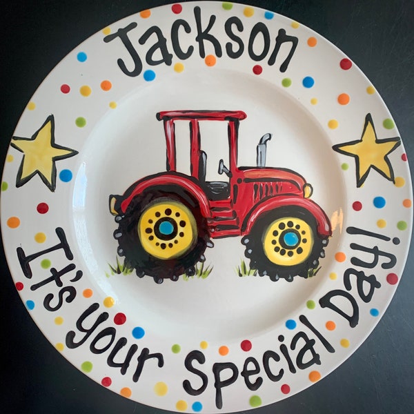 Personalized Red Tractor Birthday Plate or Special Occasion Plate to Celebrate