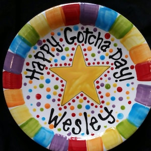 Happy Gotcha Day Plate - Colorful Personalized 10 Inch Ceramic Gotcha Day Plate