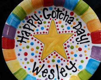 Happy Gotcha Day Plate - Colorful Personalized 10 Inch Ceramic Gotcha Day Plate