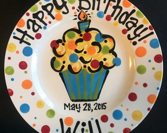 Hand Painted Birthday Plate - Colorful Cupcake