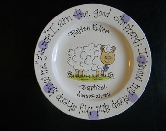 Hand Painted Personalized Baby Plate with Little Lamb- Great Baptism or Birth Gift