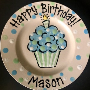 Hand Painted Personalized Birthday Plate - Blue and Pale Green Cupcake