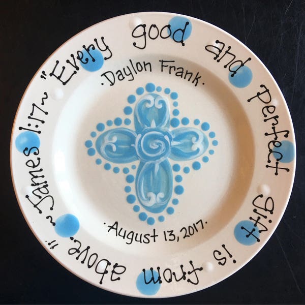 Personalized Baptism Plate - Hand Painted Baby Plate with Cross - Great Baptism Gift