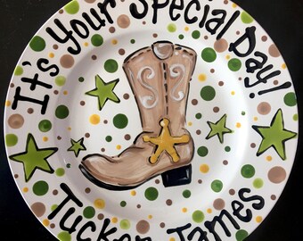 Hand Painted Personalized Cowboy Western theme Birthday Plate