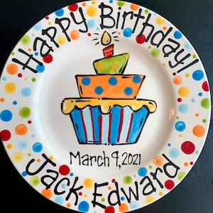 Hand Painted Birthday Plate - Bright Colorful Birthday Cake