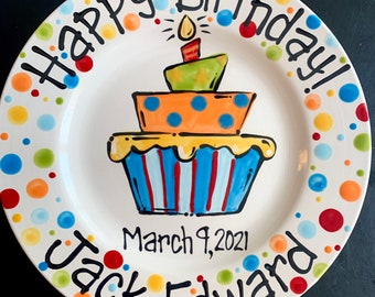 Hand Painted Birthday Plate - Bright Colorful Birthday Cake