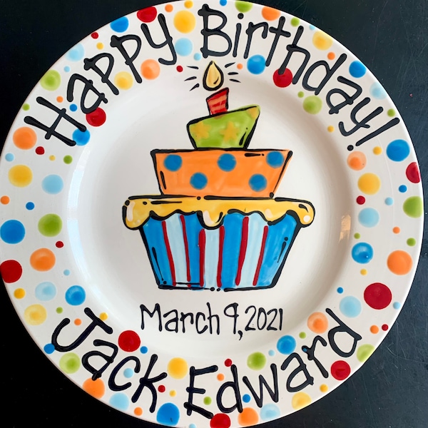Hand Painted Birthday Plate - Bright Colorful Birthday Cake