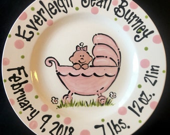 Hand Painted Baby Plate - Sweet Baby Girl in Baby Carriage