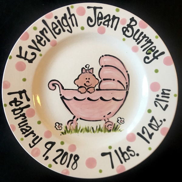 Hand Painted Baby Plate - Sweet Baby Girl in Baby Carriage