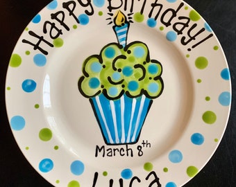 Hand Painted Personalized Birthday Plate - Blue and Green Cupcake