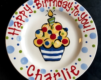 Hand Painted 10.5" Birthday Plate - Bright Colorful Cupcake