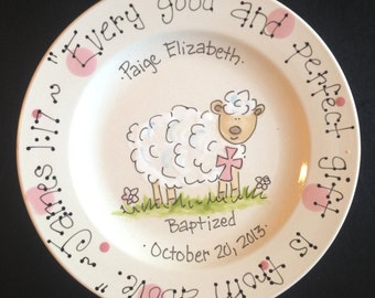 Hand Painted Personalized Baby Plate with Little Lamb- Great Baptism or Birth Gift