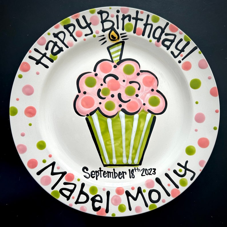 Personalized Birthday Plate Hand Painted Birthday Plate Pink and Green Colorful Cupcake image 1