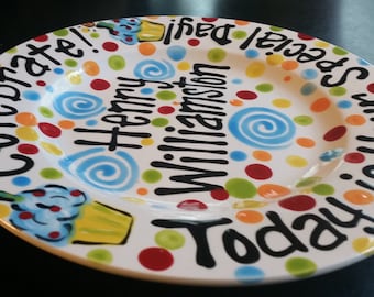 Hand Painted Personalized Birthday Plate - Bright Primary Colors