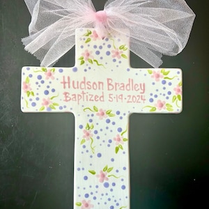 Extra Large 10&quot; Children&#39;s Ceramic Floral Cross Plaque  - Birth, Baptism or Christening Gift