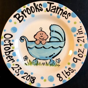 Hand Painted Baby Plate - Sweet Baby Boy in Baby Carriage