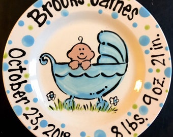 Hand Painted Baby Plate - Sweet Baby Boy in Baby Carriage