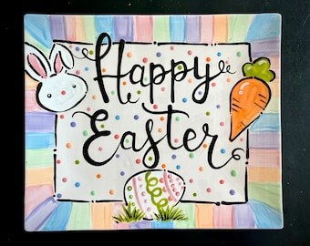 Adorable handpainted rectangle Easter Spring Platter - with cute little bunny, carrot and Easter egg illustrations