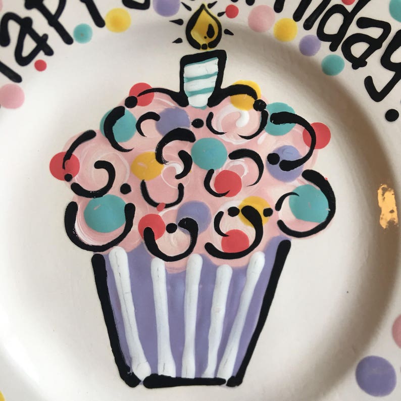 Hand Painted Birthday Plate Colorful Pastel Cupcake Etsy