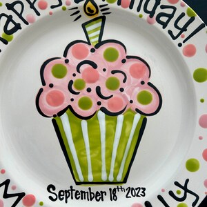 Personalized Birthday Plate Hand Painted Birthday Plate Pink and Green Colorful Cupcake image 2