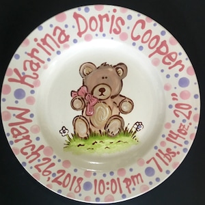 Customized hand painted baby plate  Adorable Baby Teddy Bear  - great gift for a Baptism, Christening, Birth or Dedication