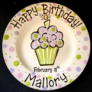 Personalized Birthday Plate - Hand Painted Birthday Plate -  Purple and Green Colorful Cupcake