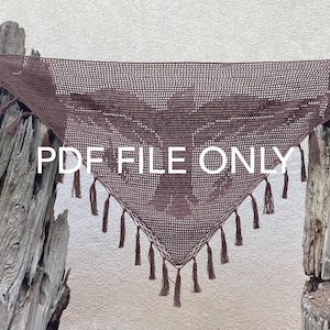 Könnte beinhalten: Ein braunes, dreieckiges Häkeltuch mit einem filigranen Lochmuster und Fransenquasten. Der Text "PDF FILE ONLY" ist in Weiß über dem Schal angezeigt. Der Schal wird vor einem neutralen Hintergrund präsentiert. Ein Handarbeitsartikel.