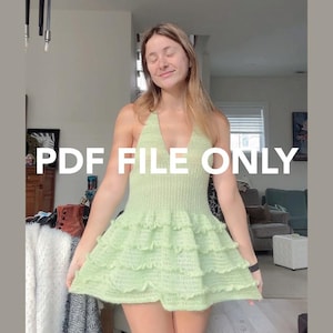 May include: A light green halter dress with a tiered skirt. The dress is made of a knitted material. The text "PDF FILE ONLY" is displayed in large white letters across the image.