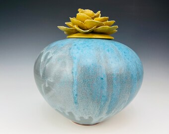 Large adult porcelain cremation urn in turquoise with yellow rose lid