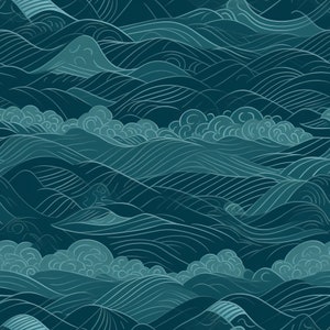 Puede incluir: Patrón sin costuras de montañas y nubes estilizadas azules y turquesa. El diseño recuerda al arte japonés tradicional.