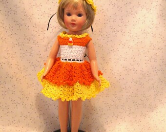 Crocheted candy corn dress for 14 inch dolls