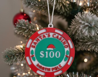 Santa's Casino Poker Chip 3" Christmas Tree Ornament New 2025 Design Blackjack Gambling